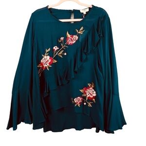 Umgee Blouse Ruffles High Low Hem Dark Green Semi Sheer Bell Sleeves Floral Sz L